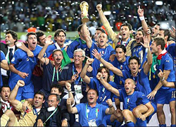WE ARE THE FOOTBALL SOCCER WORLD CHAMPIONS... For only the second time in World Cup history, the final was settled on a penalty shootout. Fabio Grosso, the goal hero in the semifinal against Germany, scored the winning penalty for four-time champions Italy... Materazzi had been busy at both ends of the field. The Italian defender conceded a penalty and scored a goal in the first half to even the match against France at 1-1 in the World Cup final