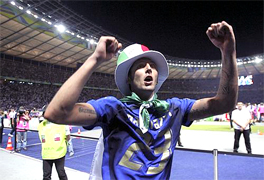 Marco Materazzi ... WE ARE THE FOOTBALL SOCCER WORLD CHAMPIONS... For only the second time in World Cup history, the final was settled on a penalty shootout. Fabio Grosso, the goal hero in the semifinal against Germany, scored the winning penalty for four-time champions Italy... Materazzi had been busy at both ends of the field. The Italian defender conceded a penalty and scored a goal in the first half to even the match against France at 1-1 in the World Cup final