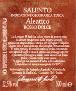 Aleatico Sweet Red Wine Alcohol 13,00% vol. Total alcohol 17% Total acidity 5,10 g/l pH 3,65  Excellent with spicy cheese, as a dessert with fresh fruit, cookies and creamless cakes. Much appreciated during relaxed moments and for meditation. Lomazzi & Sarli wished to create their own dessert wine by adding an old and historic Apulian vine variety to their vineyards: Aleatico. This wine was dedicated to the Dimastrodonato family...